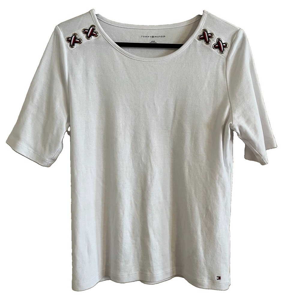 Tommy Hilfiger White Cotton Tee Nautical Crossover Lace Tie Sz L Sporty Casual